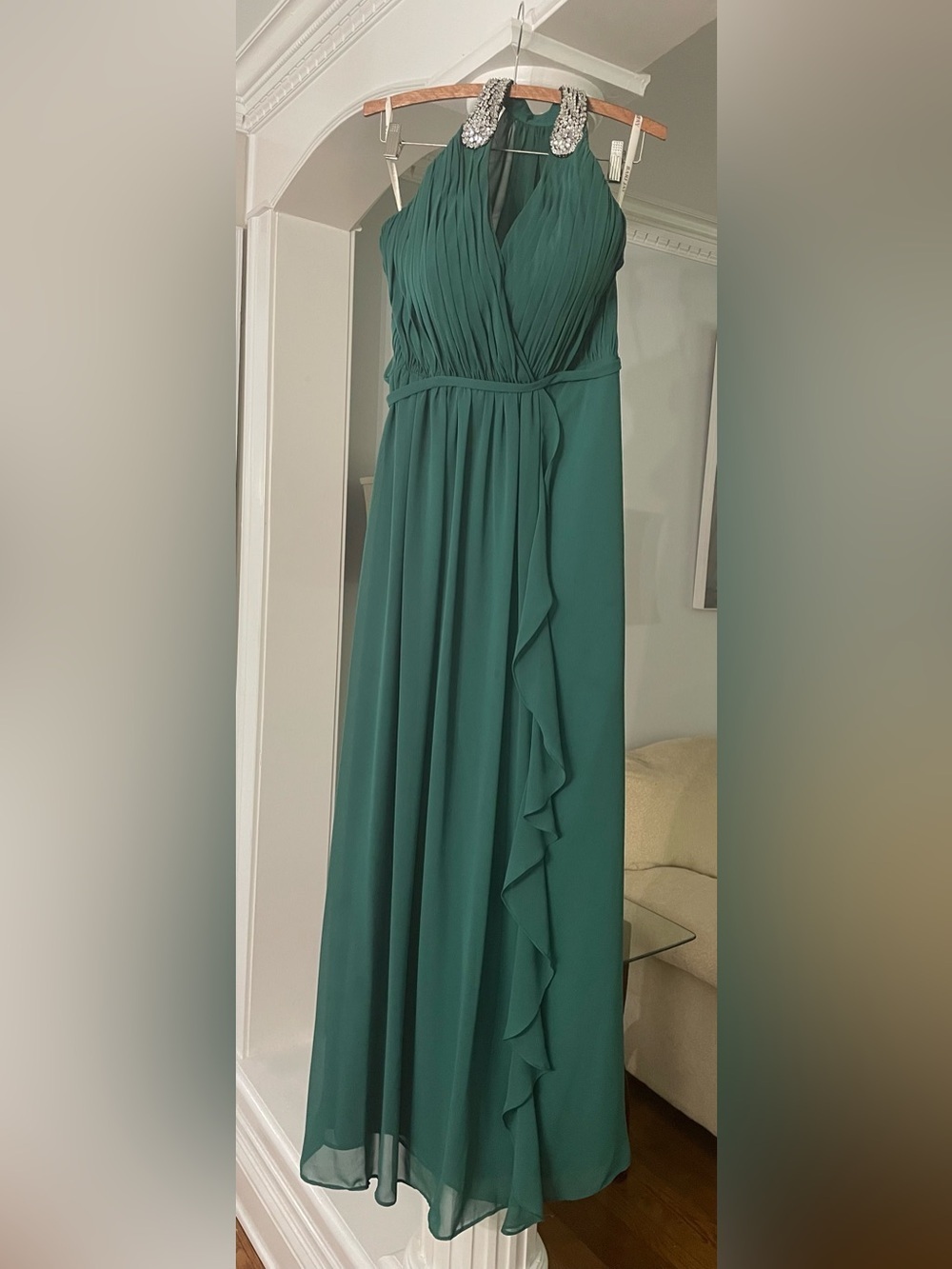 Bari Jay Emerald Green Pleated Chiffon Maxi Dress size 14